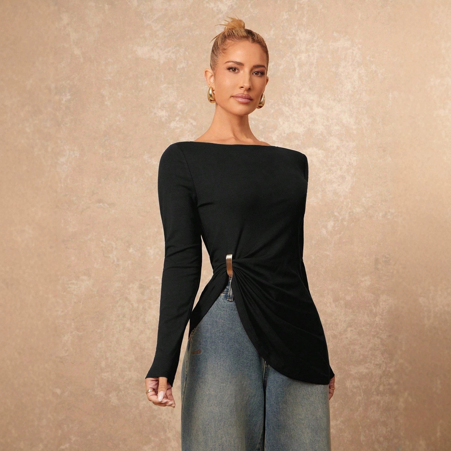 Women's Solid Color Asymmetrical Hem Long Sleeve Loose Casual Top