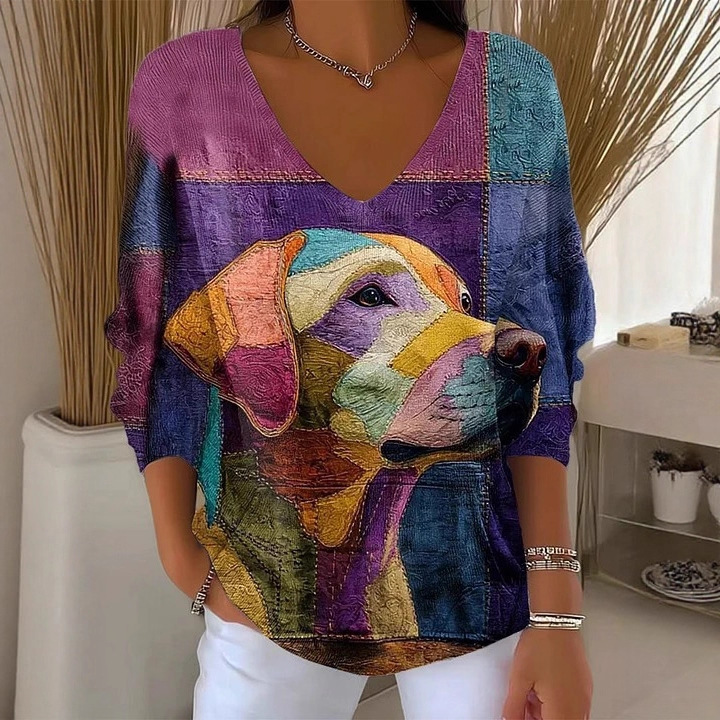 Cute Cartoon Puppy Print V-Neck Long-Sleeve Women's T-Shirt