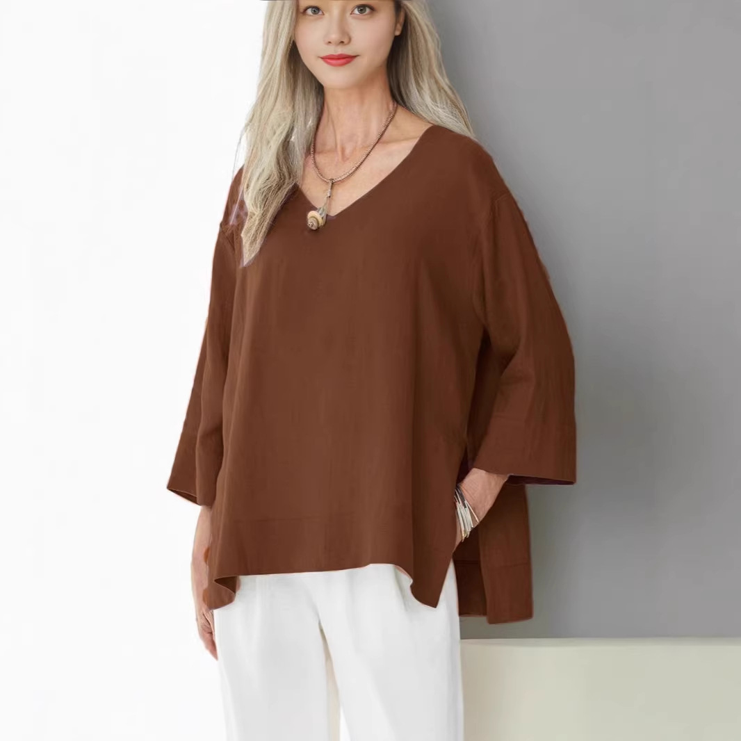 Women's V-Neck Cotton-Linen Shirt Top 3/4 Sleeve Side Slit Loose Plus Size