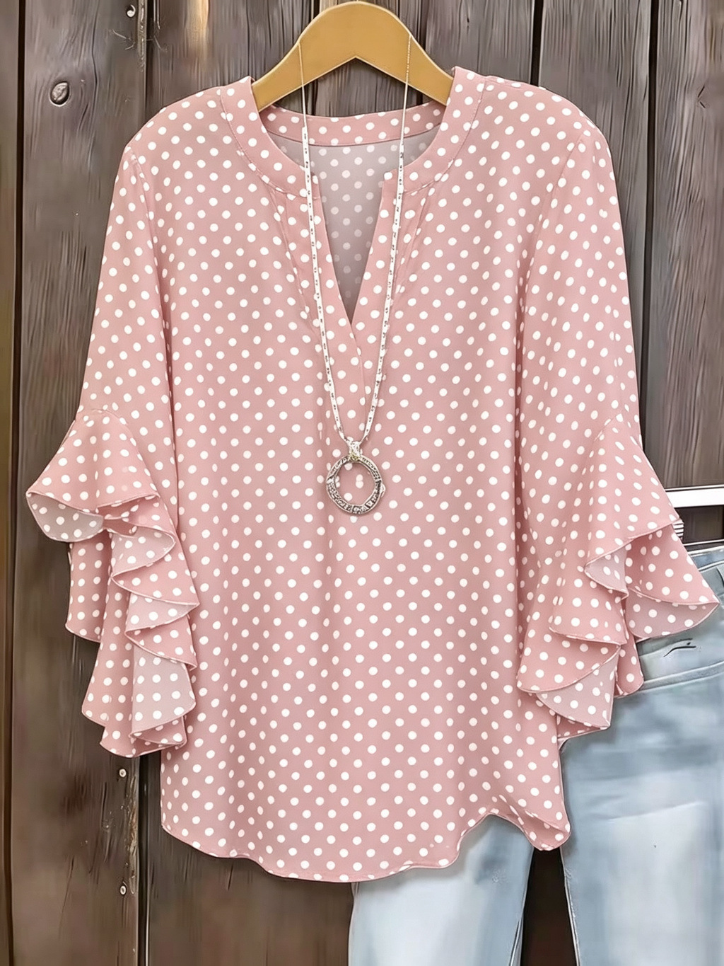 Polka Dot Print V-Neck Half-Sleeve Women's T-Shirt