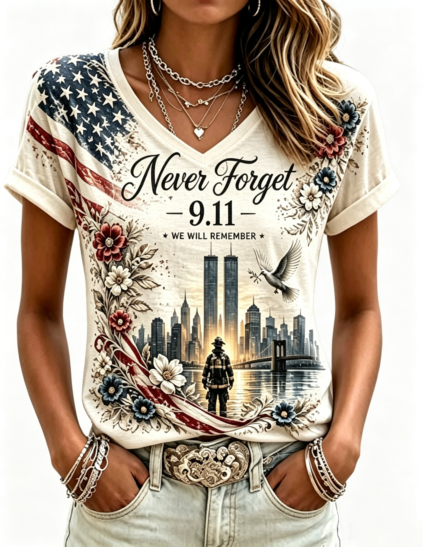 Women's Floral Print V-Neck Short Sleeve T-Shirt