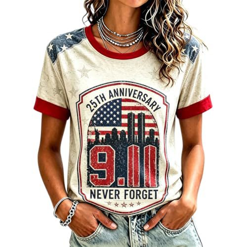 911 Twin Towers Ribbon Flag Print Short Sleeve T-Shirt