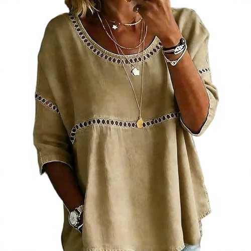 Plaid & Solid Print Mid-Sleeve Casual Women's Top