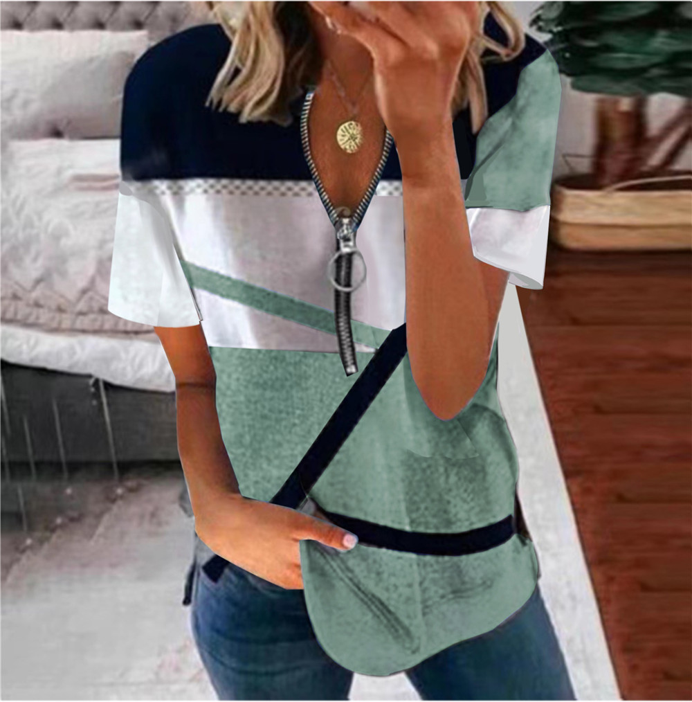 Women's Zip Print Loose Short Sleeve V-Neck T-Shirt
