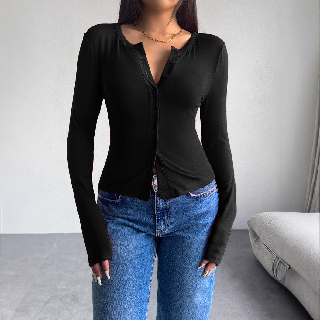 Women's Slim Fit Long Sleeve Button-Front V-Neck T-Shirt