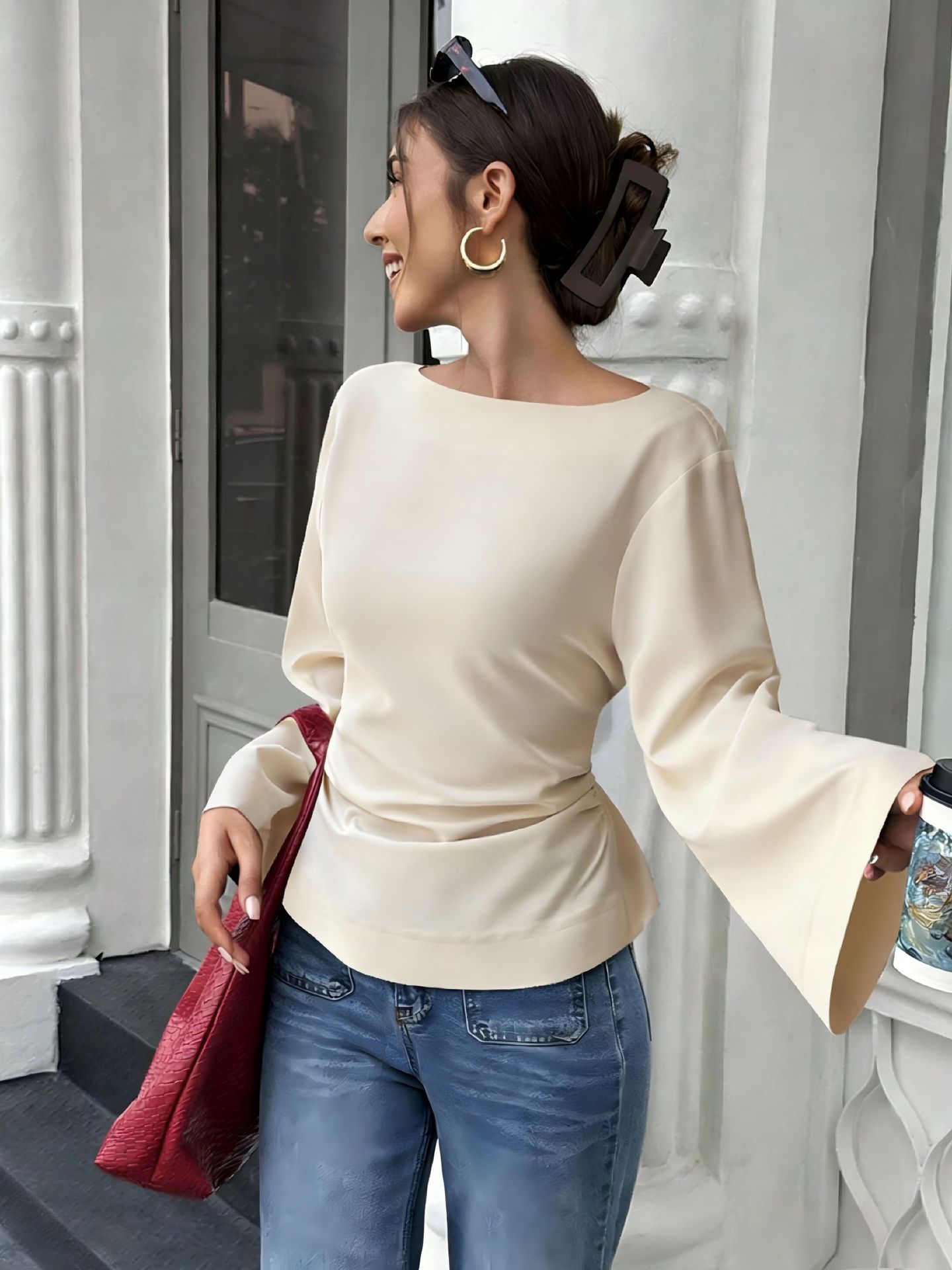 Solid Color Boat Neck Cinched Waist Flare Sleeve Long Sleeve Top