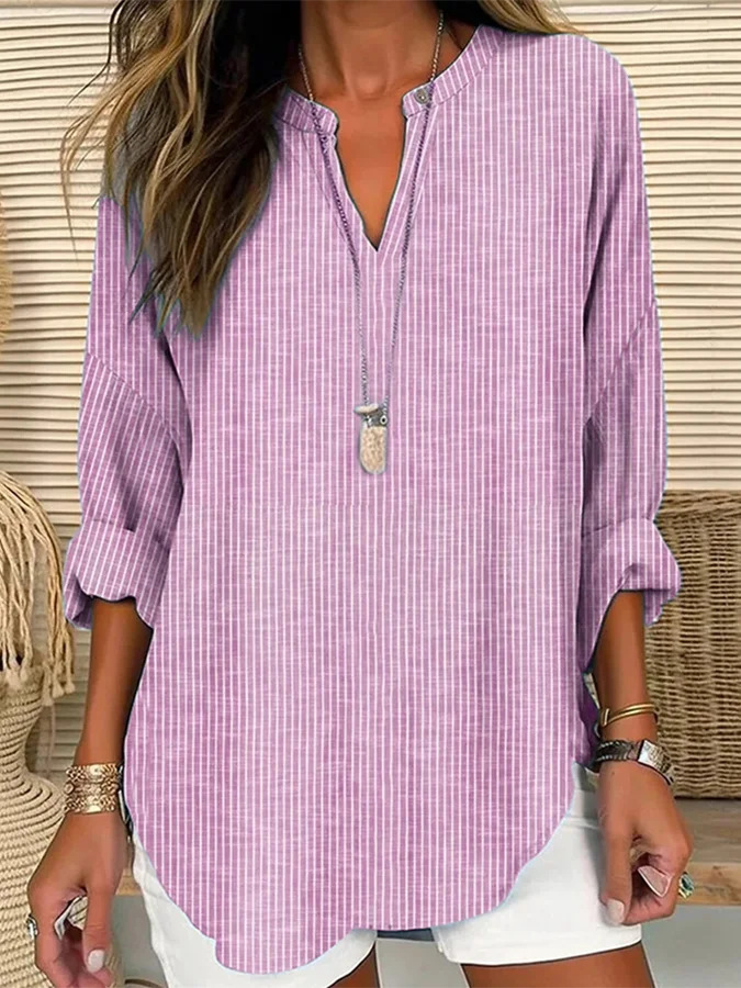 Women's Solid Print V-Neck Long Sleeve T-Shirt