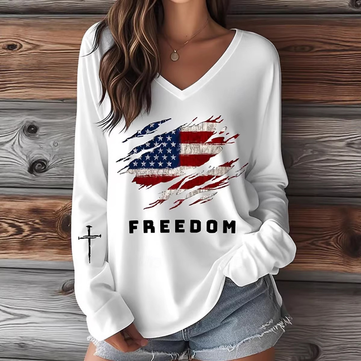Cross Flag Freedom Print V-Neck Short Sleeve Women's T-Shirt