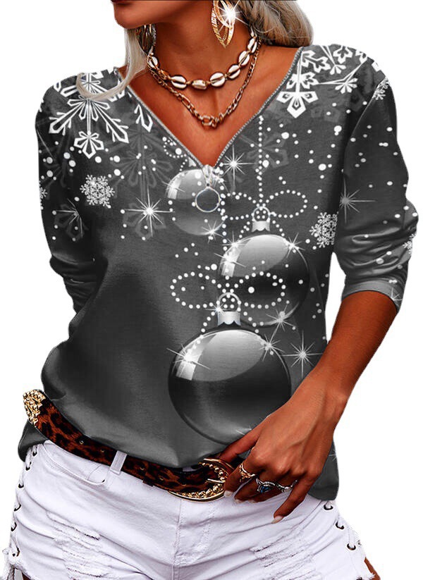 Women's Christmas Print V-Neck Zip Long Sleeve T-Shirt