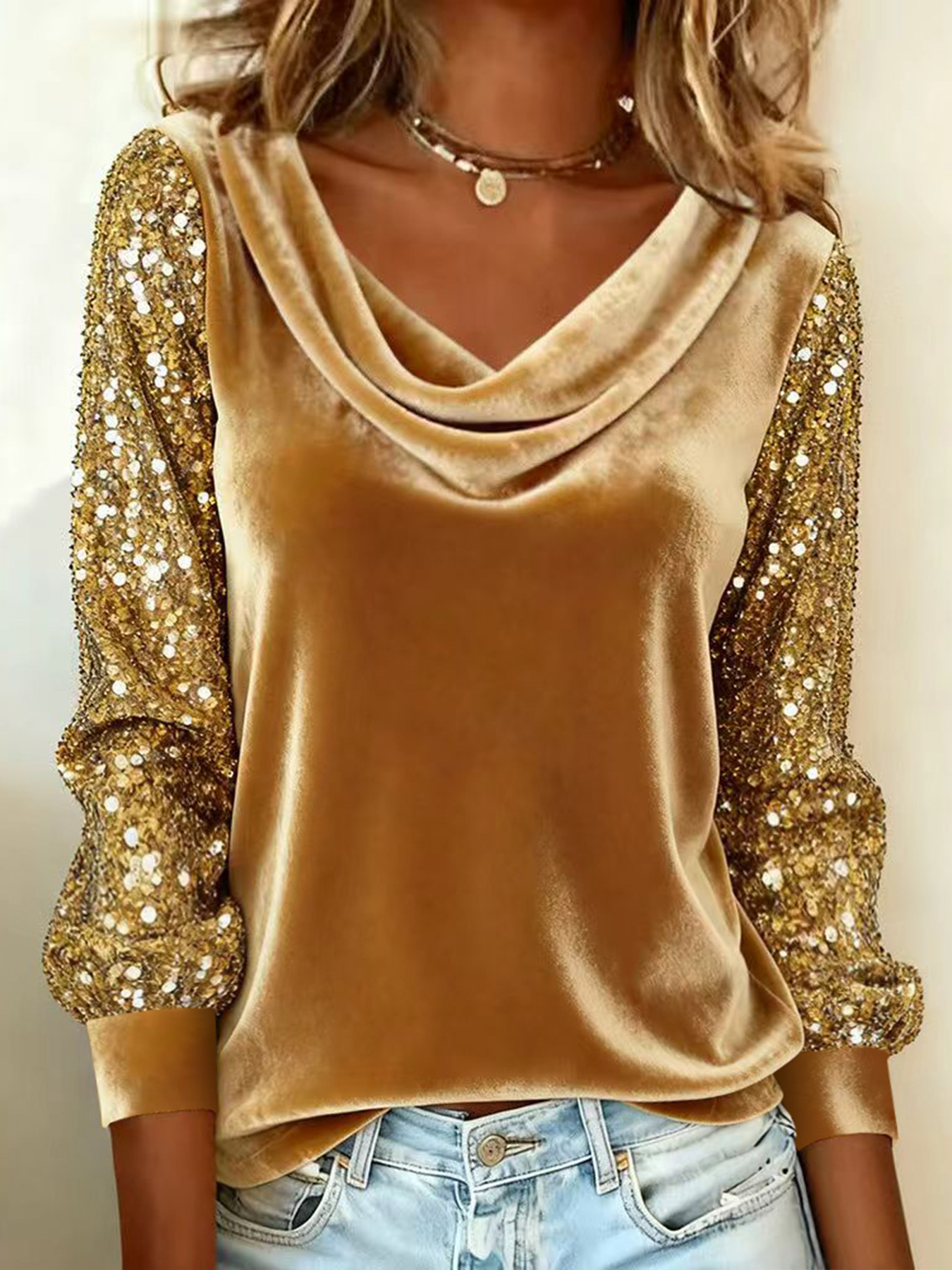 Velvet Sequin Panel Long Sleeve Turtleneck Top