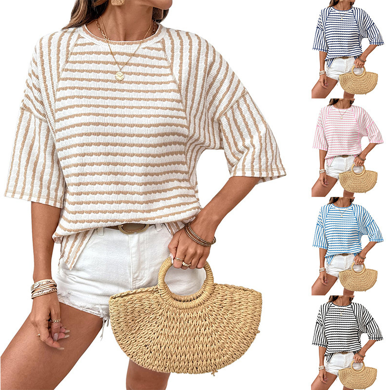 Women's Striped Short Sleeve Crewneck T-Shirt Casual Loose Fit