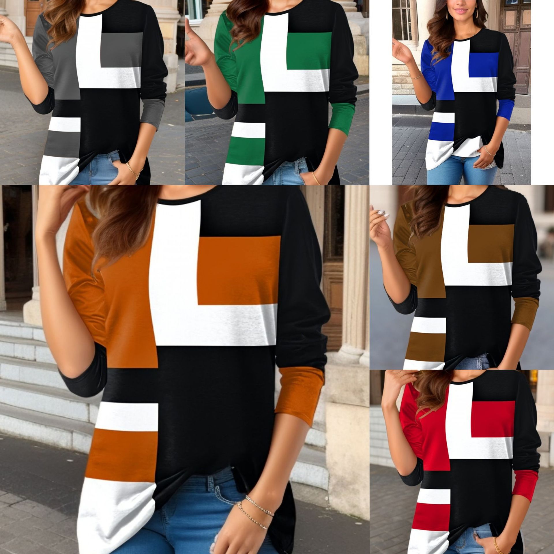 Geometric Color-Block Long-Sleeve T-Shirt