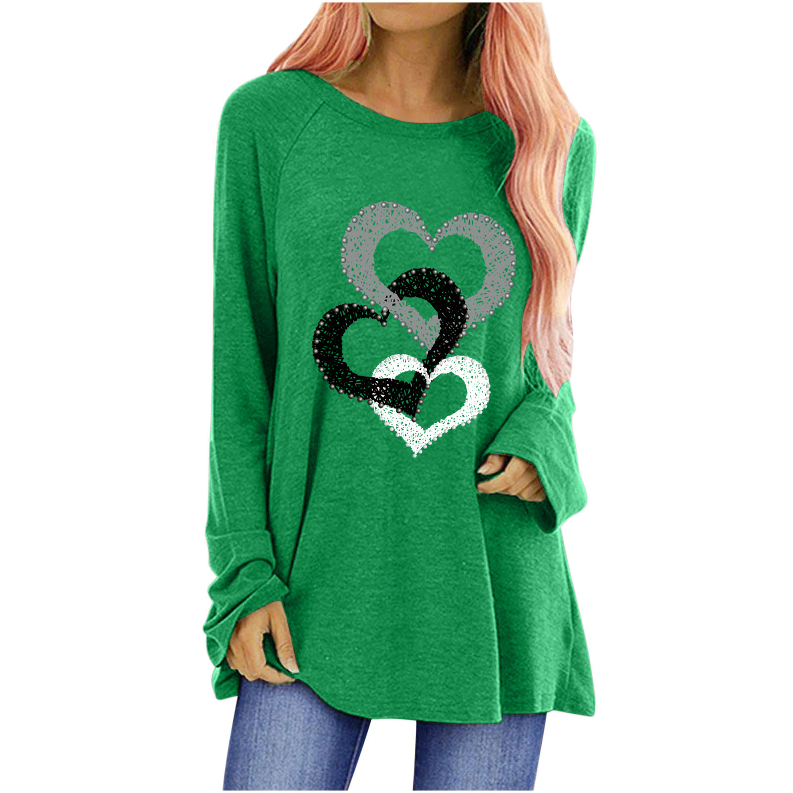 Women's Heart Print Crewneck Long Sleeve Top