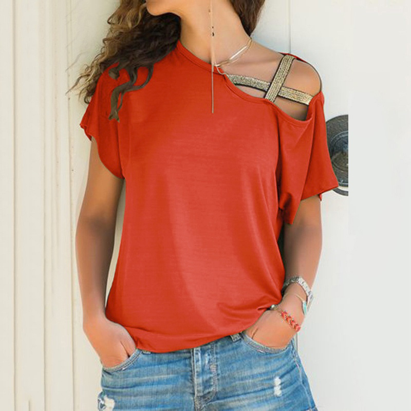Women's Casual One-Shoulder Cross Irregular Short Sleeve T-Shirt