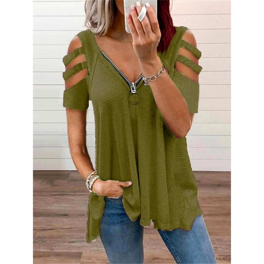 Women's Cold-Shoulder Short-Sleeve V-Neck Zip Solid T-Shirt Top
