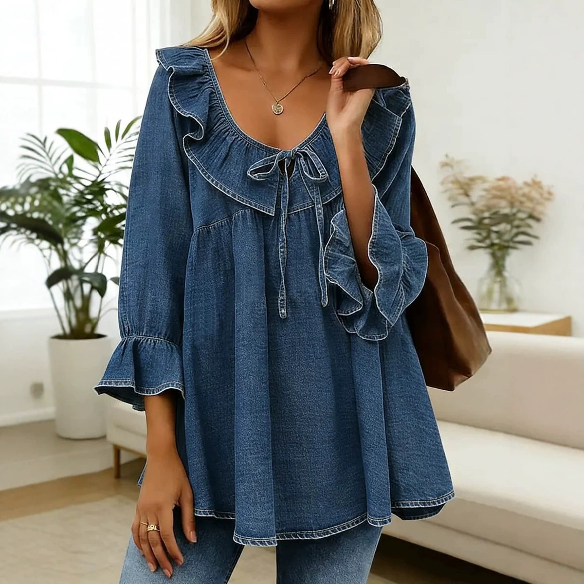 Women's Casual Loose V-Neck Ruffle Sleeve T-Shirt