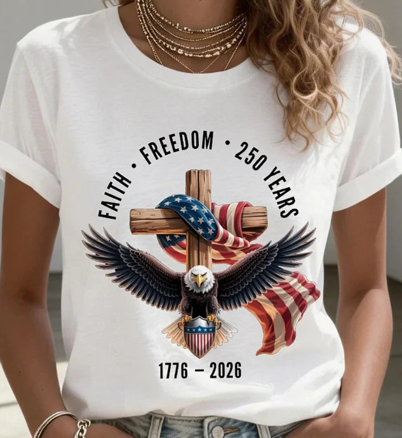 Eagle American Flag Cross Print Crewneck Short Sleeve T-Shirt