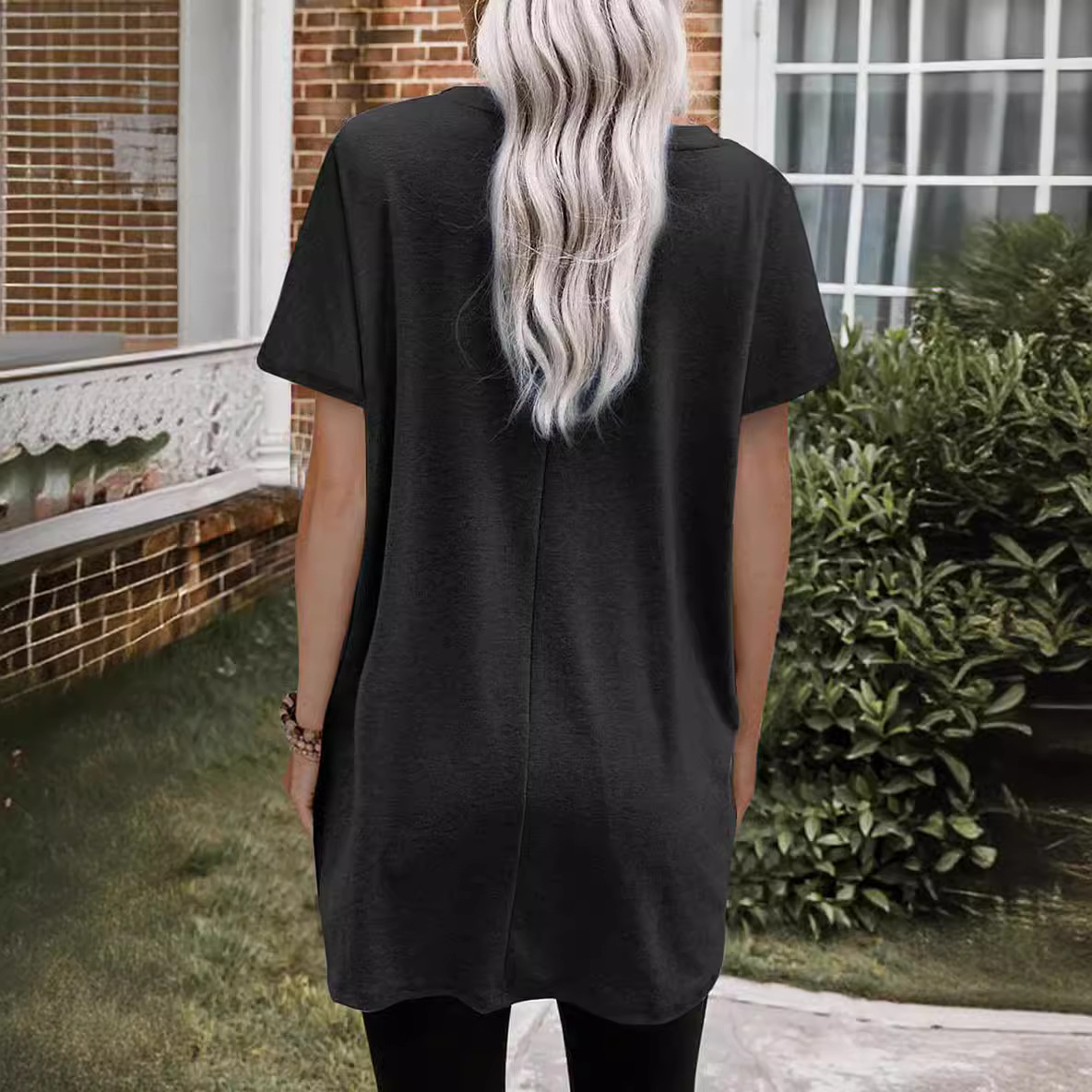 Side Pocket Dandelion Print Short Sleeve Loose Long T-Shirt