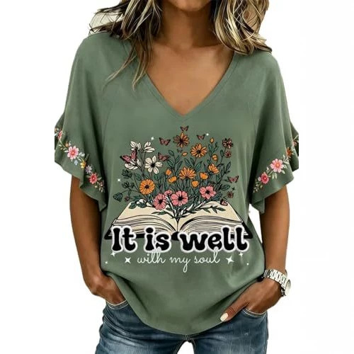 Floral Book Print V-Neck Short Sleeve Women's T-Shirt
