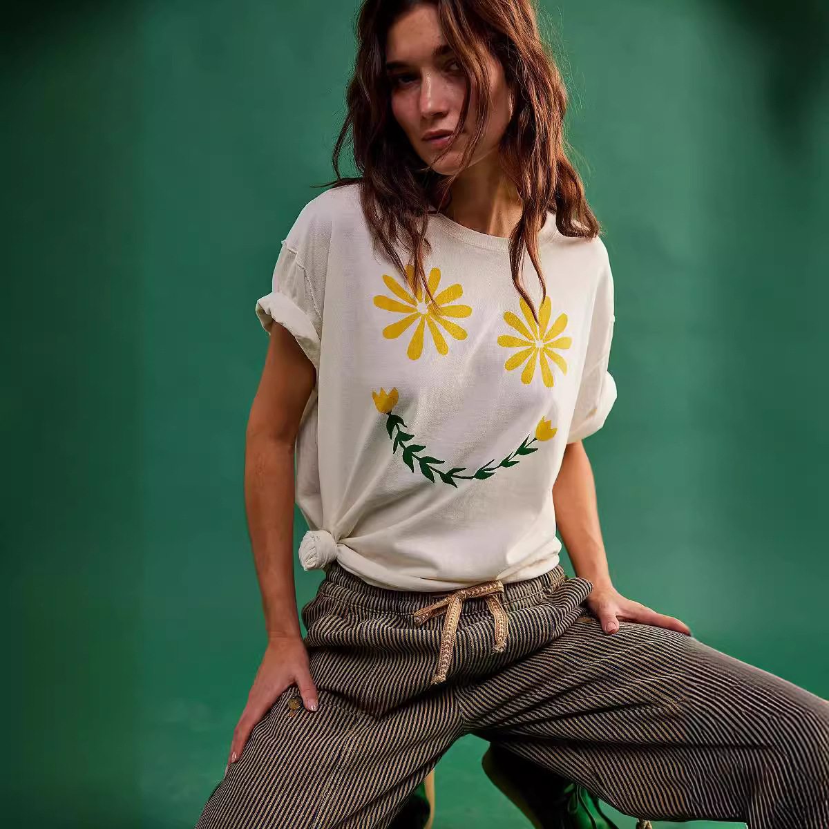 Women's Round Neck Printed Short Sleeve Loose Casual T-Shirt Top