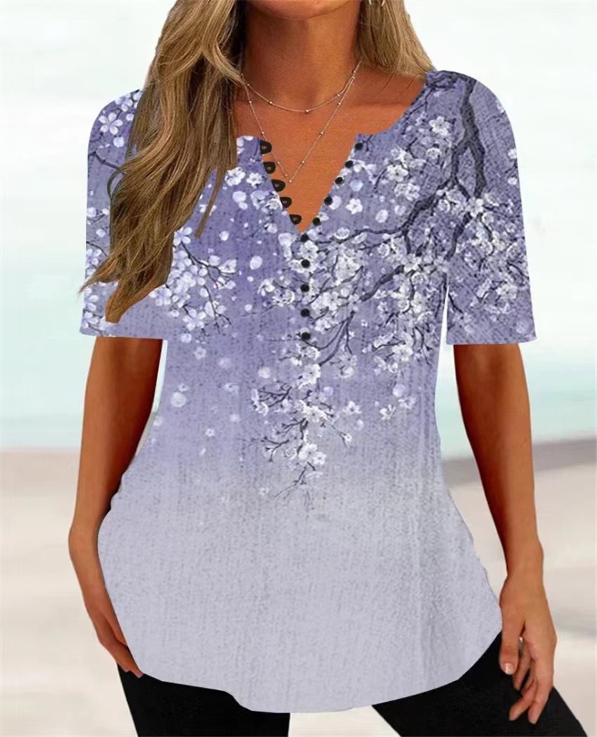 Women's Loose V-Neck Floral Print Pleated Button Short Sleeve Shirt