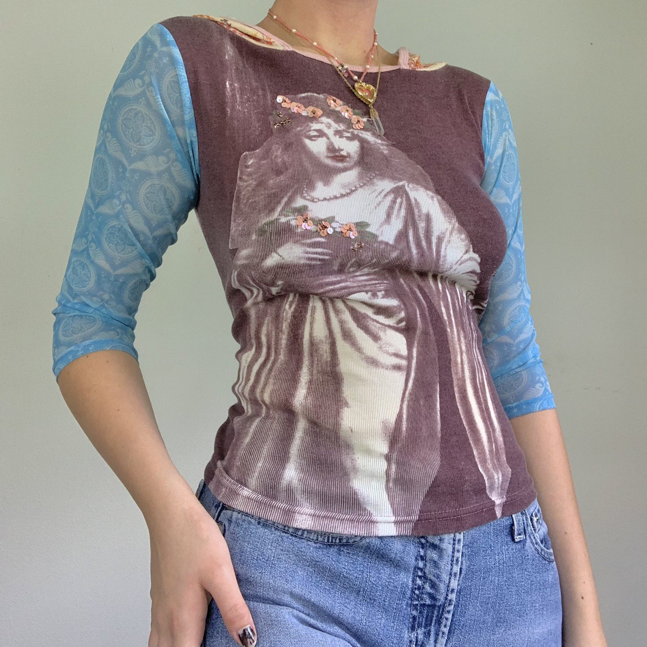 Abstract Mesh Print Sheer Long-Sleeve Crewneck Top