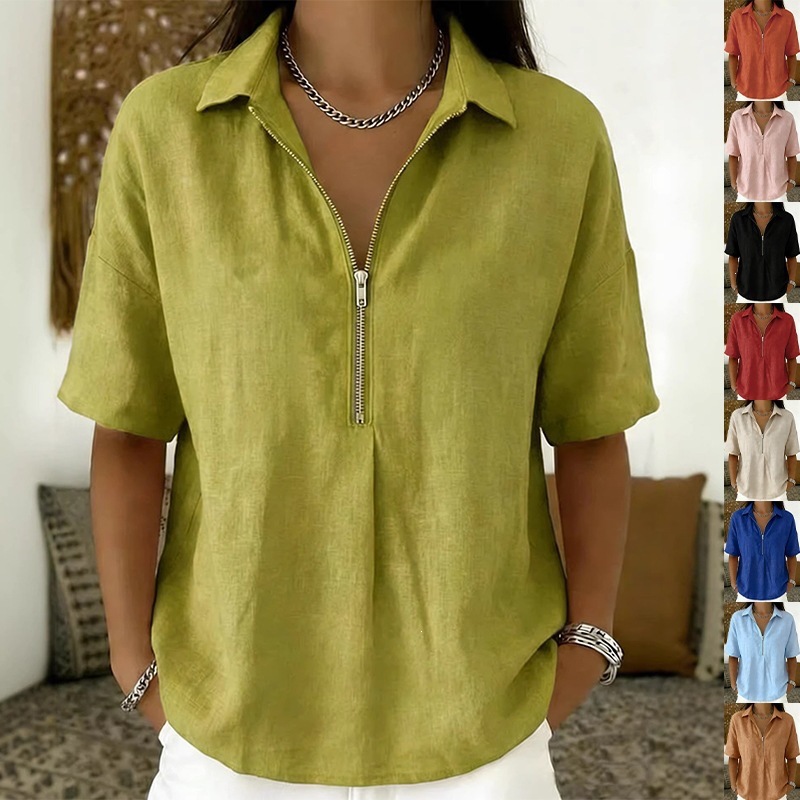 Women's Solid Color Zip Short Sleeve Shirt