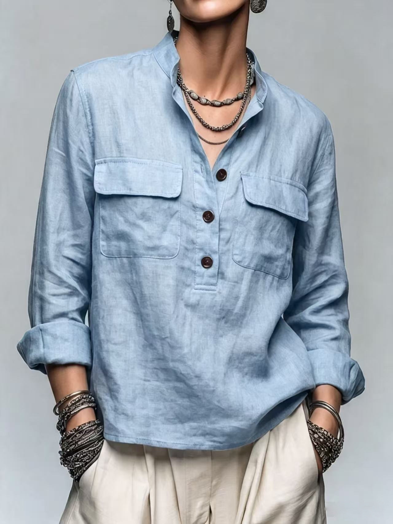 Women's Retro Stand Collar Button Pocket Loose Long Sleeve Pullover Shirt