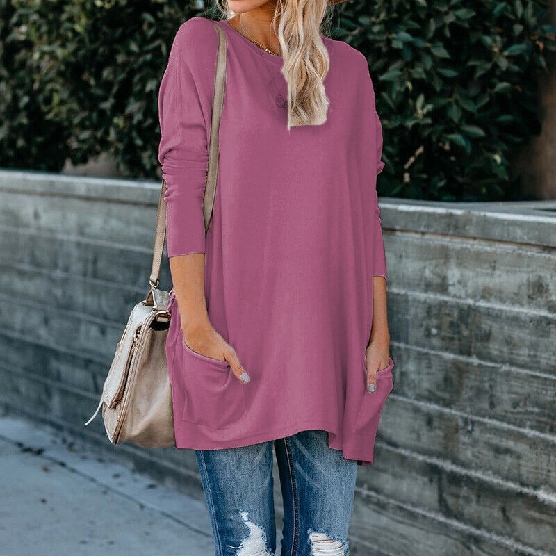 Women's Crewneck Long-Sleeve Pocket T-Shirt Plus Size