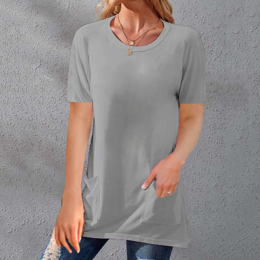 Women's Loose Fit Crewneck Short Sleeve Pocket Solid Midi T-Shirt