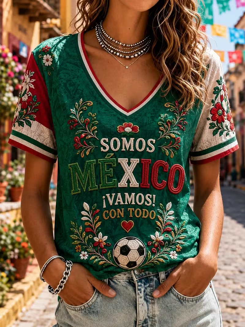 Floral Print V-Neck Short Sleeve Women's T-Shirt