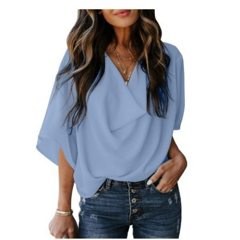 Women's Summer Chiffon V-Neck Loose Short Sleeve Top