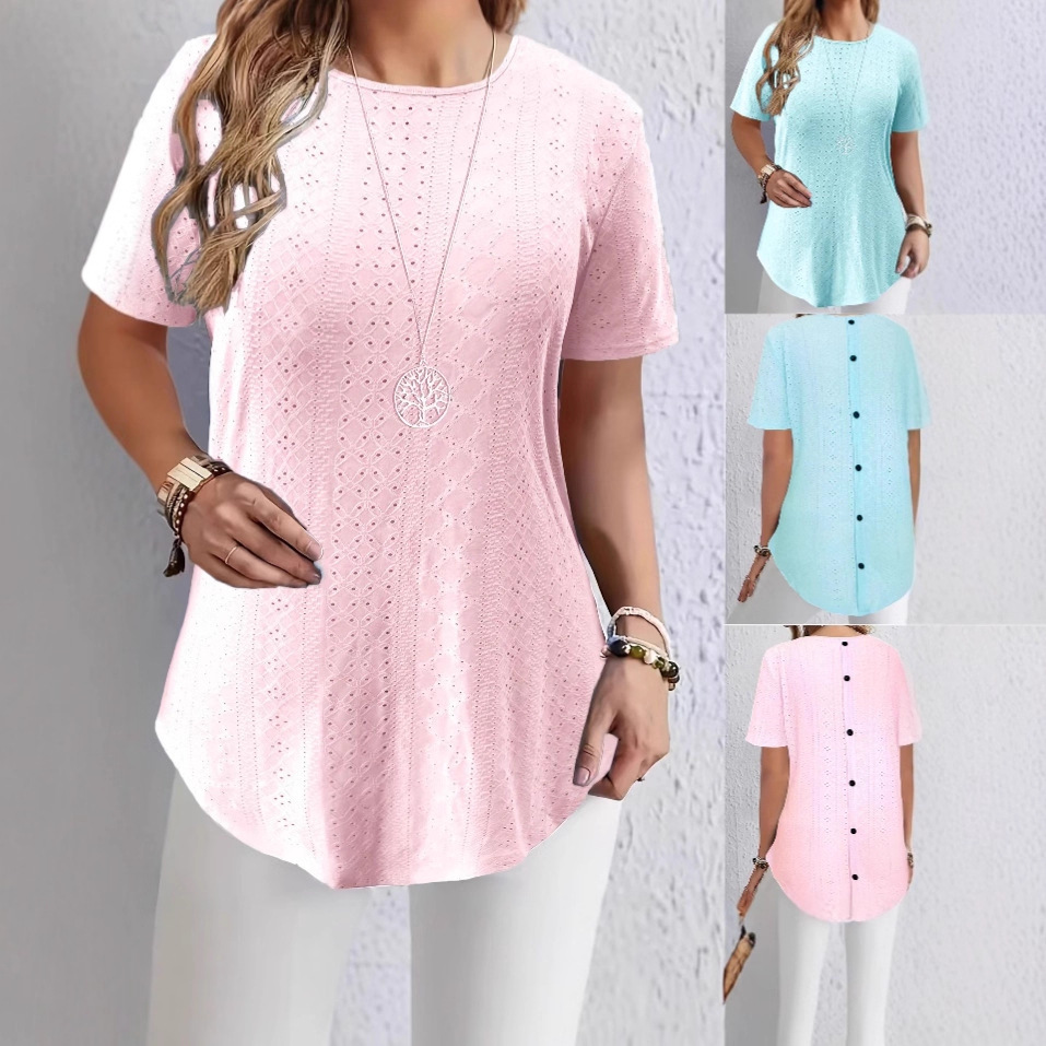 Elegant Printed Solid Color Back Button Short Sleeve T-Shirt