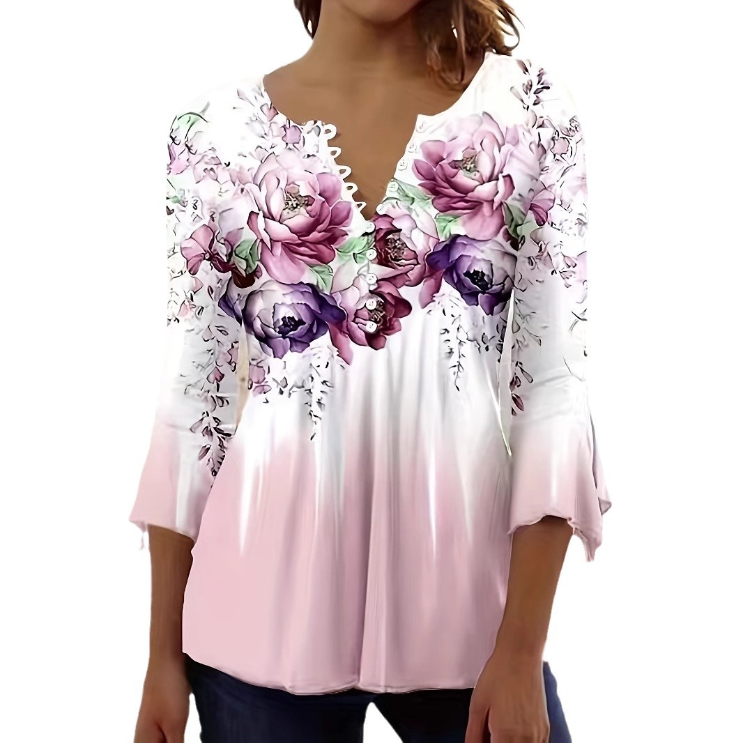 Women's V-Neck Button Floral Print Bell Sleeve Top