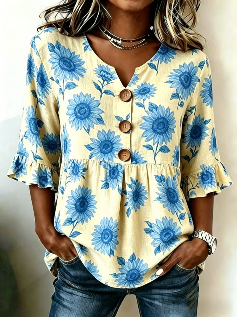 Floral Print Half-Sleeve Button-Up Top