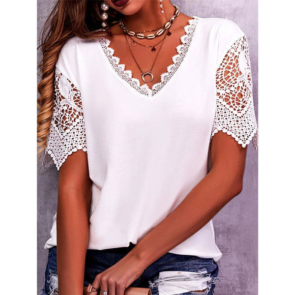 Women's Lace Trim V-Neck Short Sleeve Loose T-Shirt