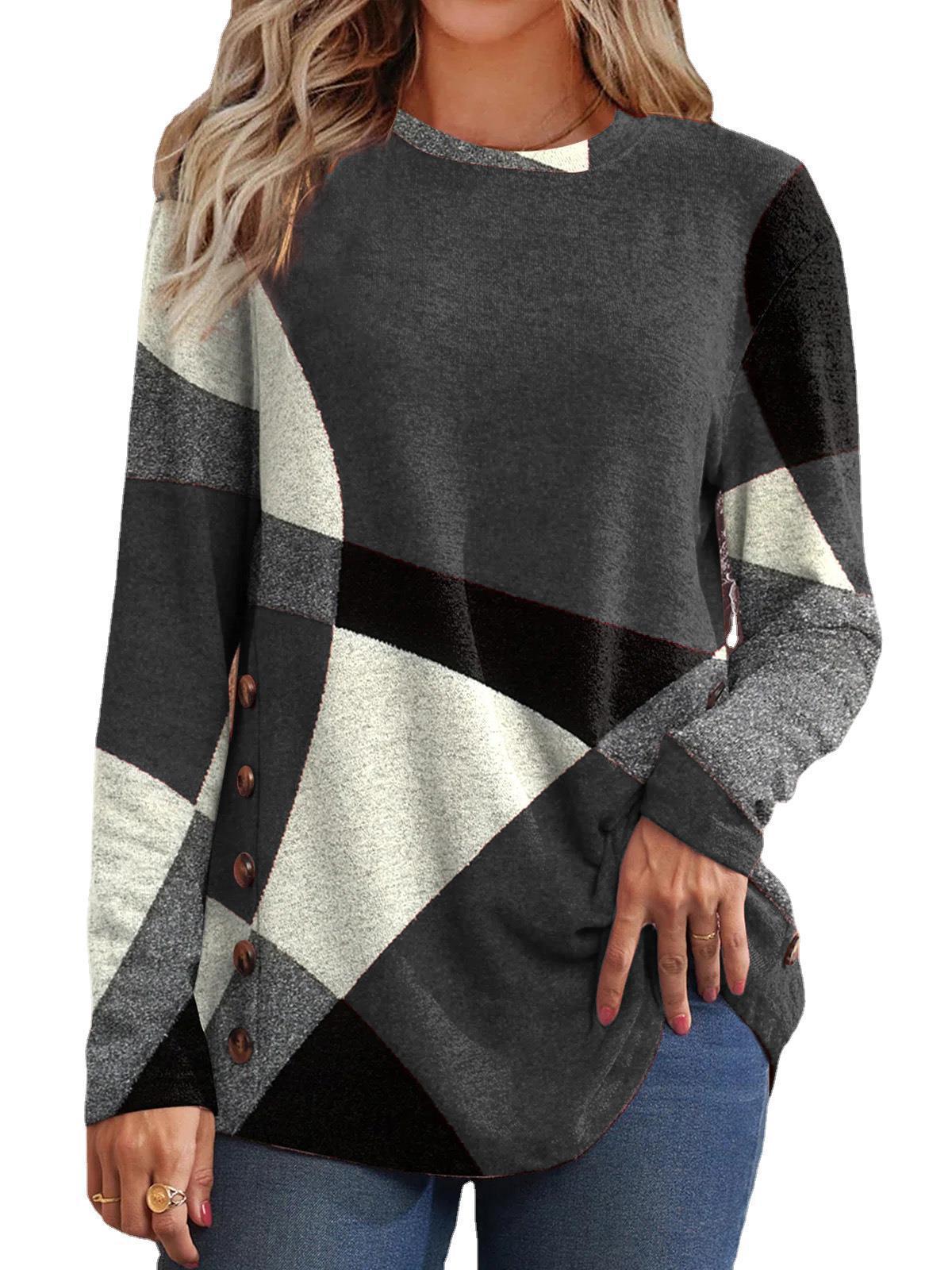 Button Geometric Colorblock Long Sleeve Print Loose T-Shirt Women's Top