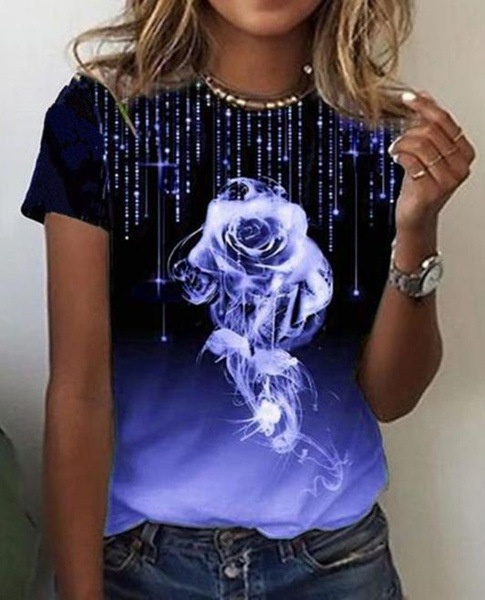 Women's Rose Print Short Sleeve Crew Neck T-Shirt