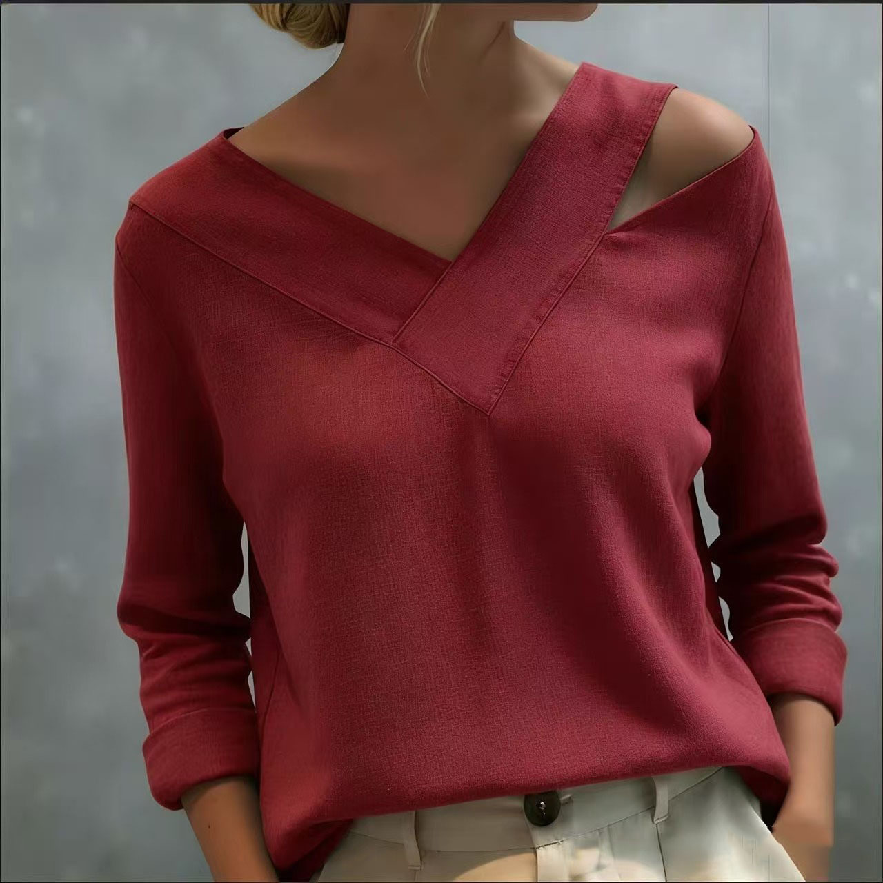 Elegant Off-Shoulder V-Neck Long-Sleeve Solid Top