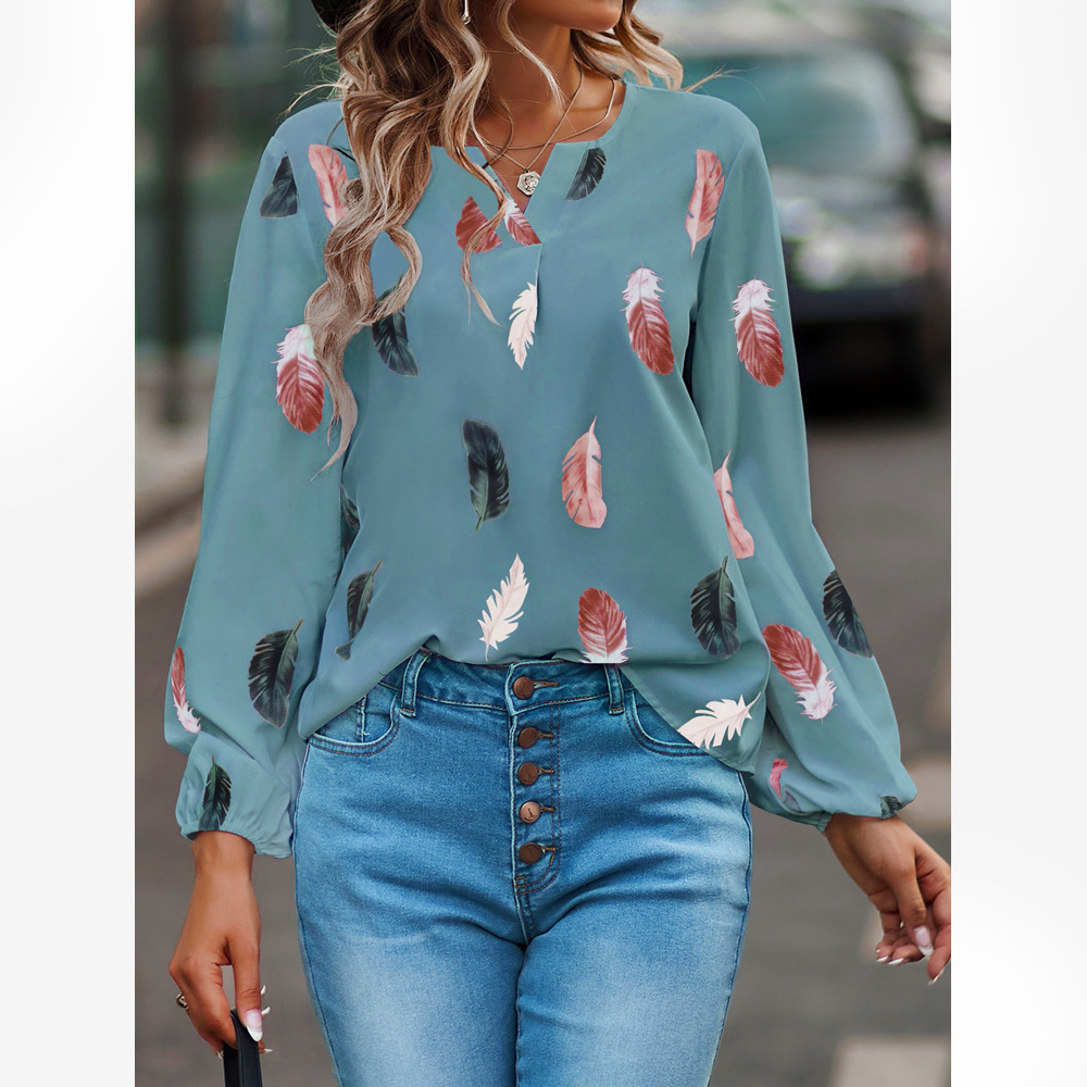 Women's V-Neck Feather Print Long Sleeve Loose T-Shirt Top