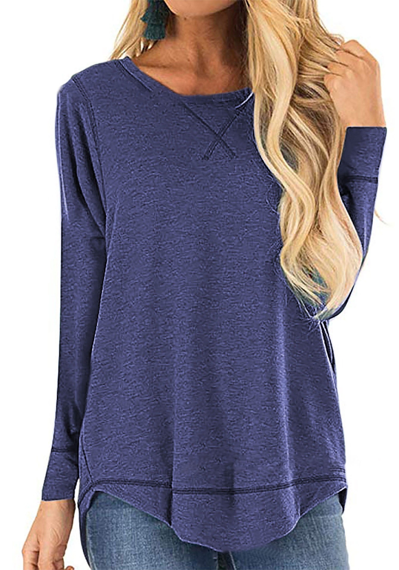 Women's Crewneck Long Sleeve T-Shirt Solid Loose High-Low Hem Casual Top
