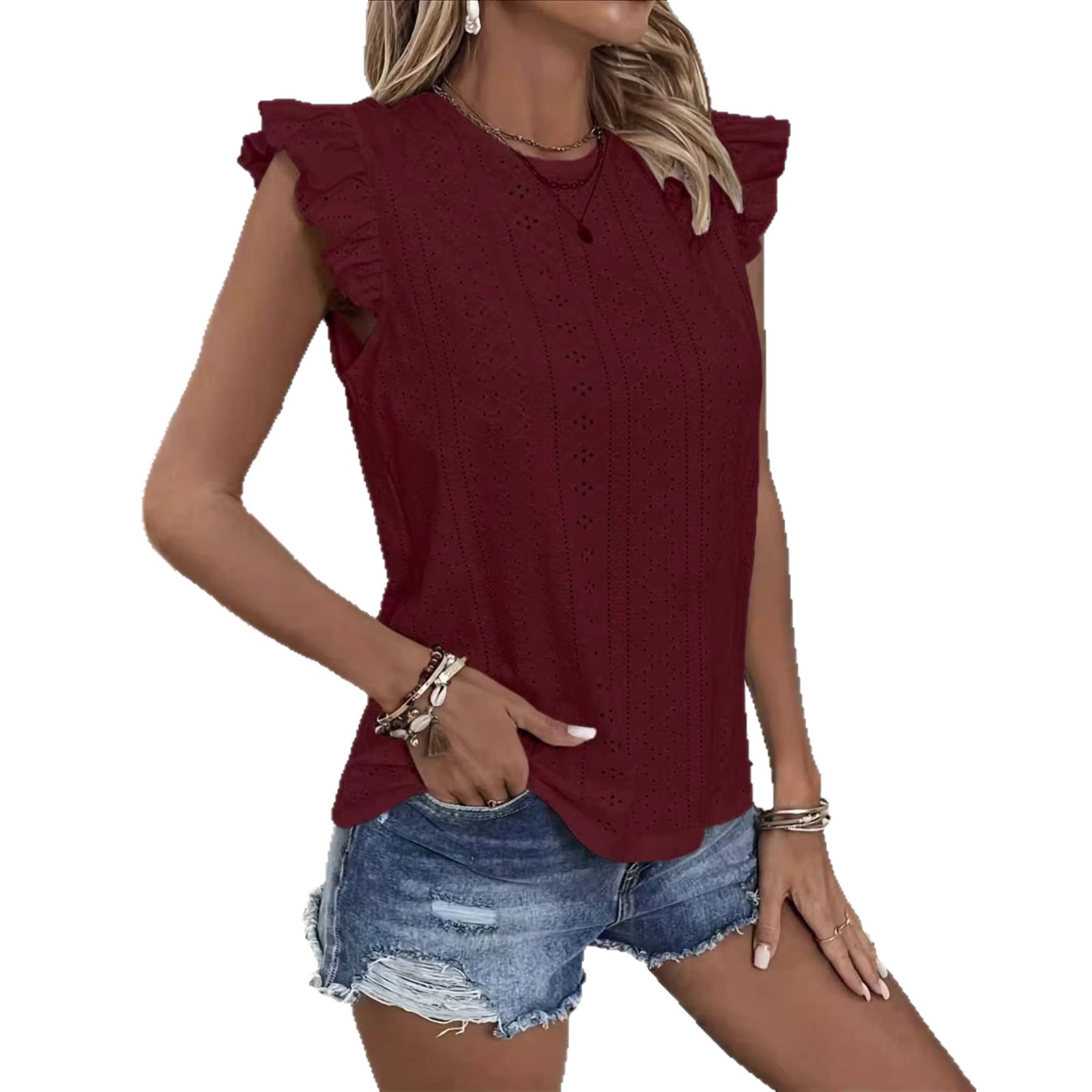 Women's Crewneck Ruffle Sleeve Tie-Back Solid Top