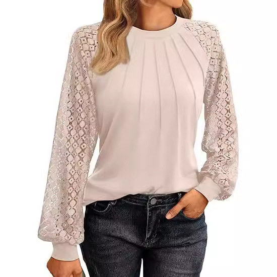 Women's Lace Knit Long Sleeve Top Crew Neck Loose Fit