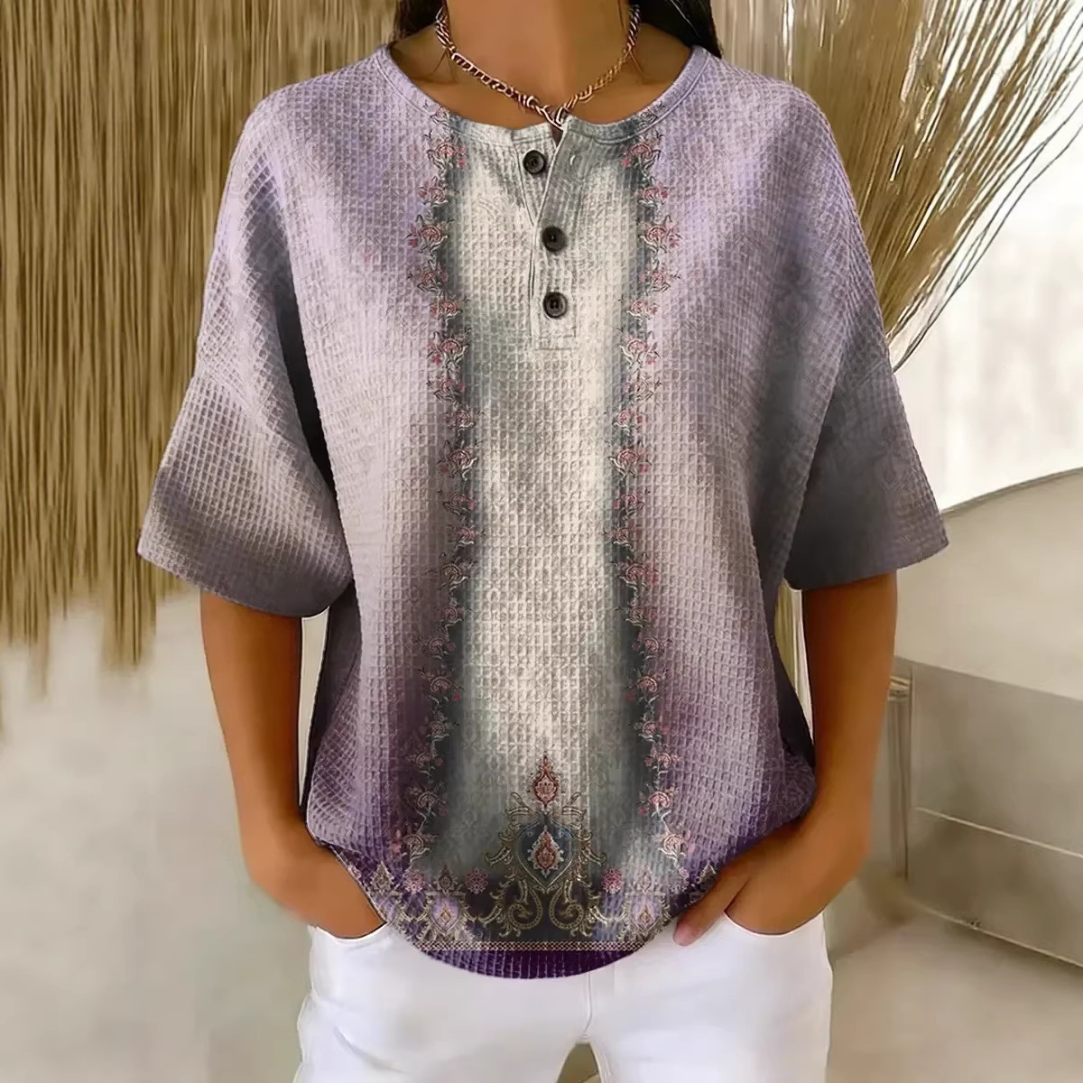 Floral Plaid Print Crewneck Short Sleeve Button Top