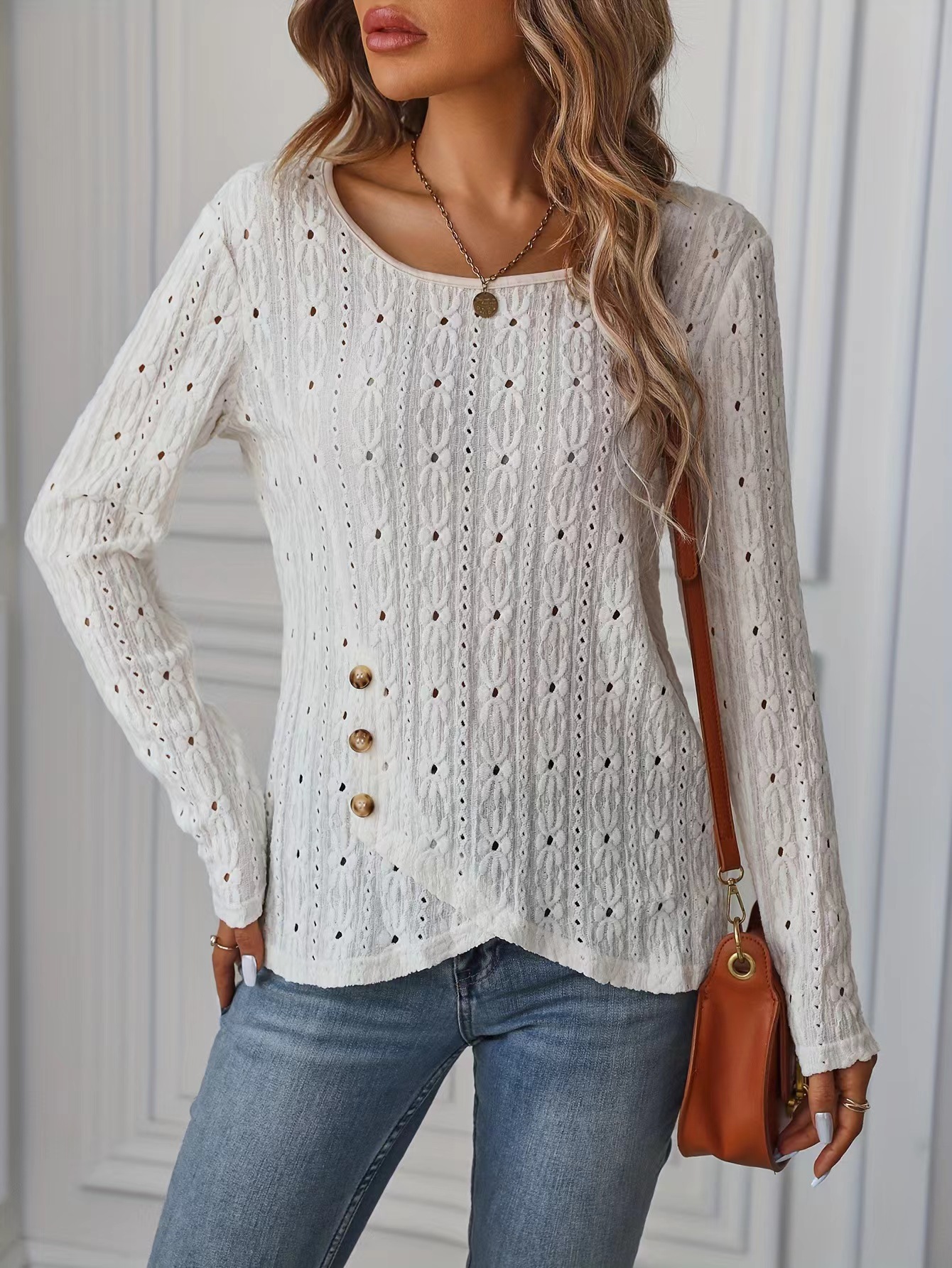Women's Long-Sleeve Knit Jacquard Button Top
