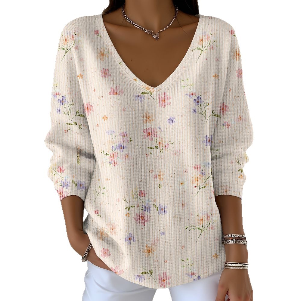 Women's V-Neck Long Sleeve T-Shirt with Animal & Plant Digital Print