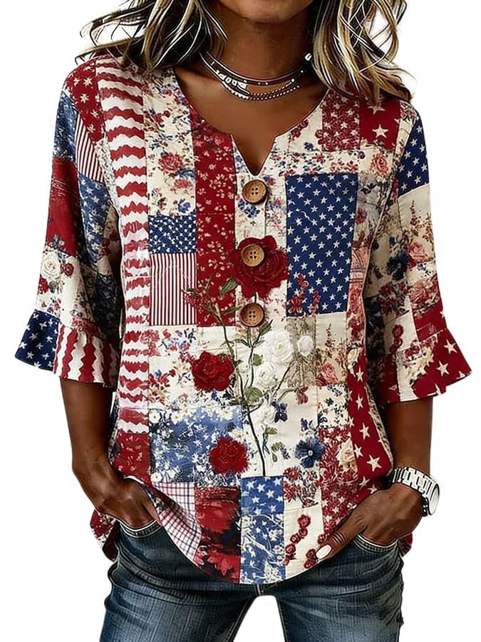 Women's American Floral Flag Print V-Neck Half-Sleeve T-Shirt