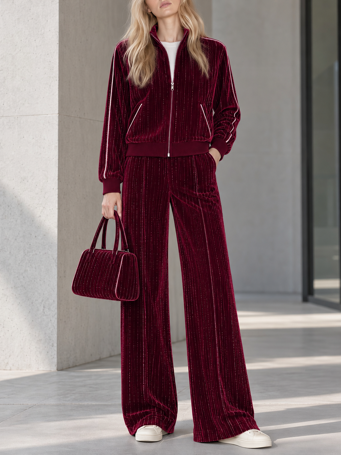 Burgundy Metallic-thread Velvet Zip-up Jacket And Wide-leg Trousers Set