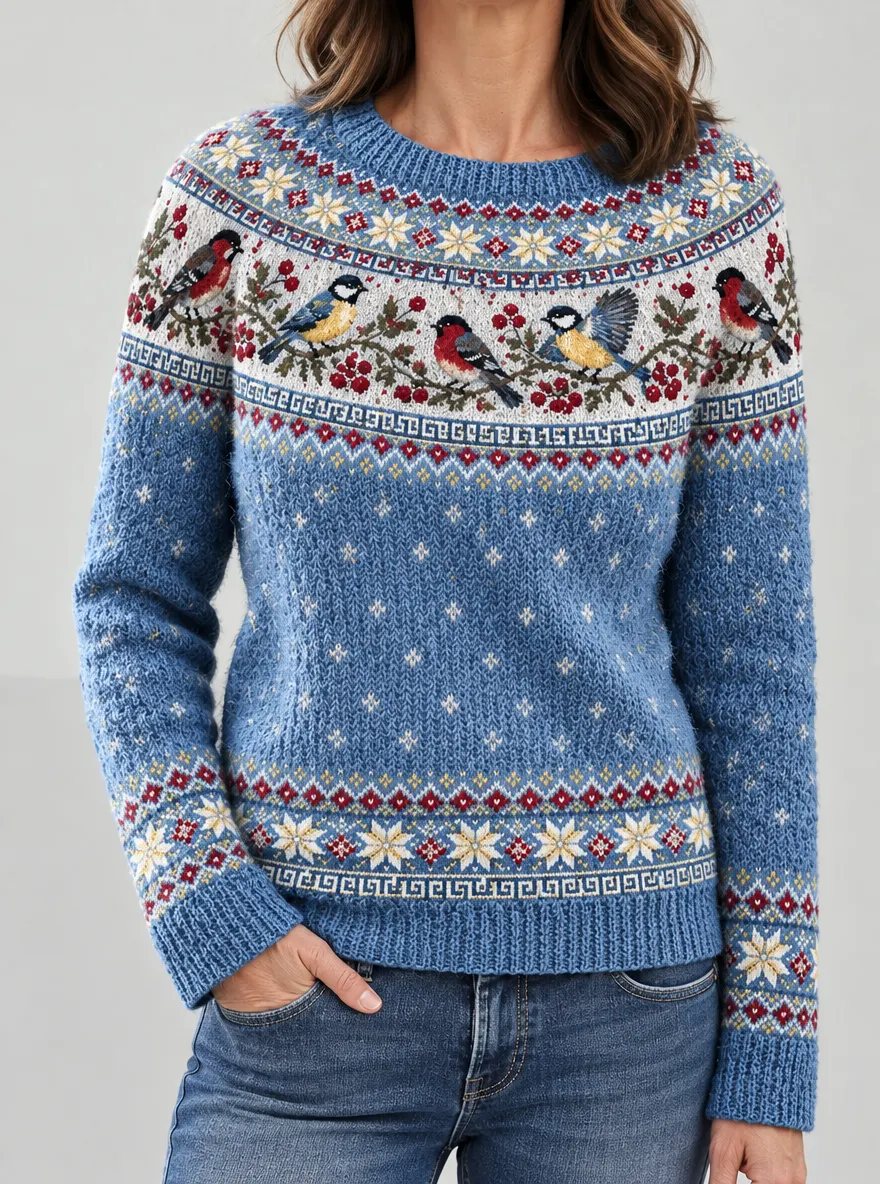 Women's Vintage-style Christmas Robin-pattern Crew-neck Sweater