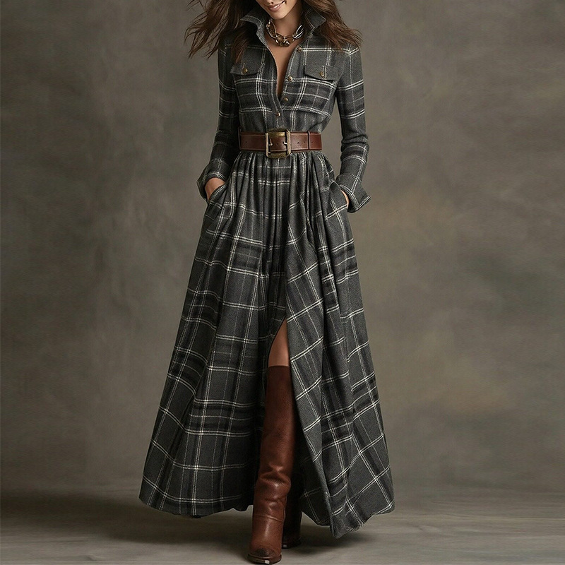 Women's Retro Plaid A-Line Long Sleeve Midi Dress with Irregular Hem